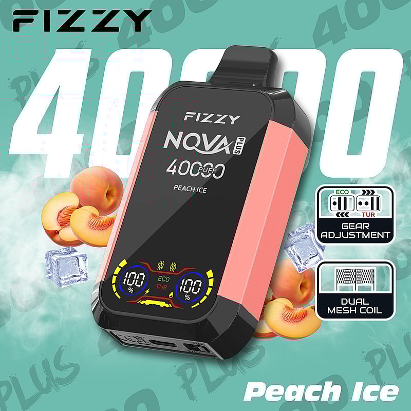 Imagen promocional del dispositivo de vapeo Fizzy NOVA Plus con 400 bocanadas con sabor a Peach Ice, resaltando el ajuste de engranajes y las características de bobina de malla doble, sobre un fondo de duraznos y cubitos de hielo.
