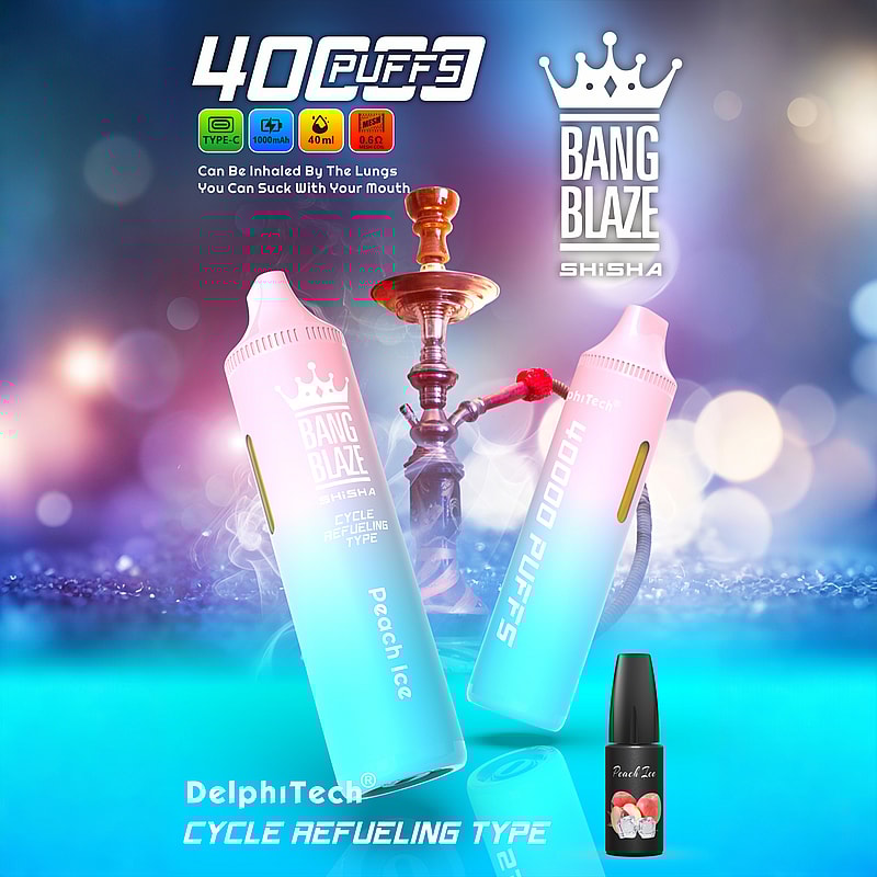 Publicité pour Bang Blaze Shisha présentant des appareils de vapotage étiquetés « Peach Ice » avec 40 000 bouffées, ainsi qu'un texte en gras et des éléments de conception colorés, sur un fond flou représentant un narguilé.