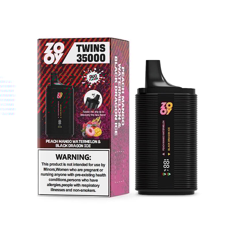Embalaje y dispositivo de ZOOV Twins 35000 con sabores Melocotón, Mango, Sandía y Black Dragon Ice, con funcionalidad de sabor dúo y una etiqueta de advertencia destacada para las restricciones de uso del producto.