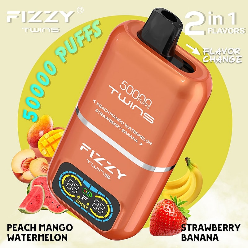 El vaporizador desechable Fizzy Twins 50000 Puffs presenta sabores duales, modos duales, un tanque de 50 ml y carga tipo C: sabroso y diseñado para una satisfacción duradera.