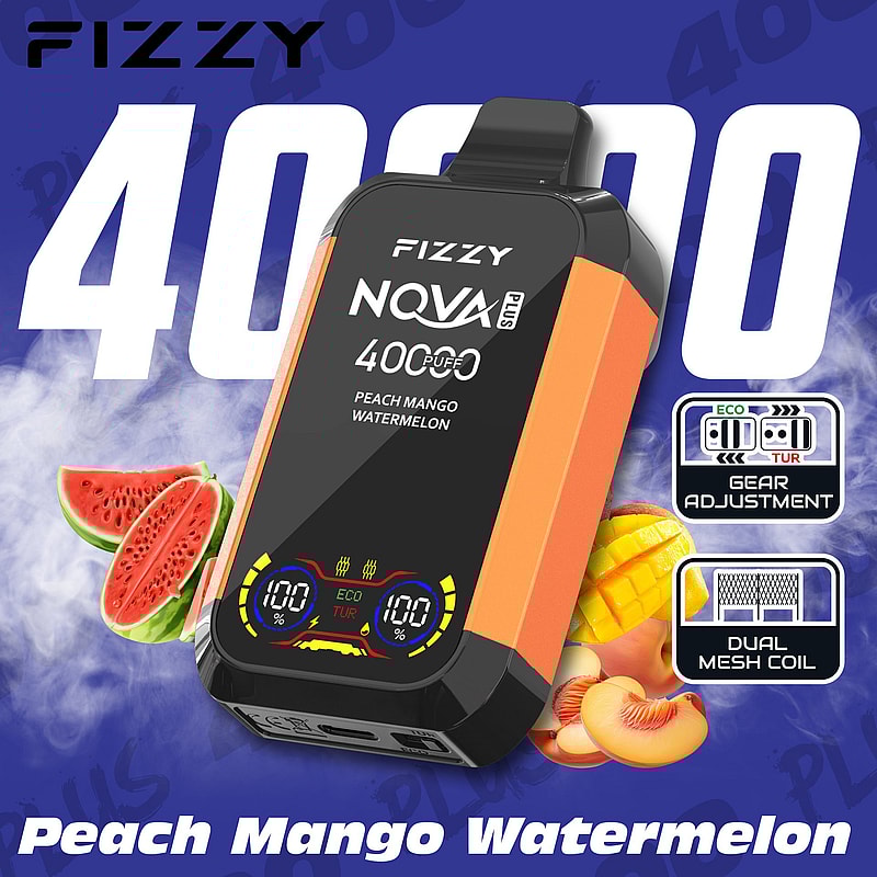 Imagen publicitaria que presenta el dispositivo de vapeo Fizzy NQVA Plus que muestra de manera destacada una capacidad de "400 bocanadas", con sabores que incluyen durazno, mango y sandía, resaltando características como el ajuste de engranajes y la bobina de malla doble.