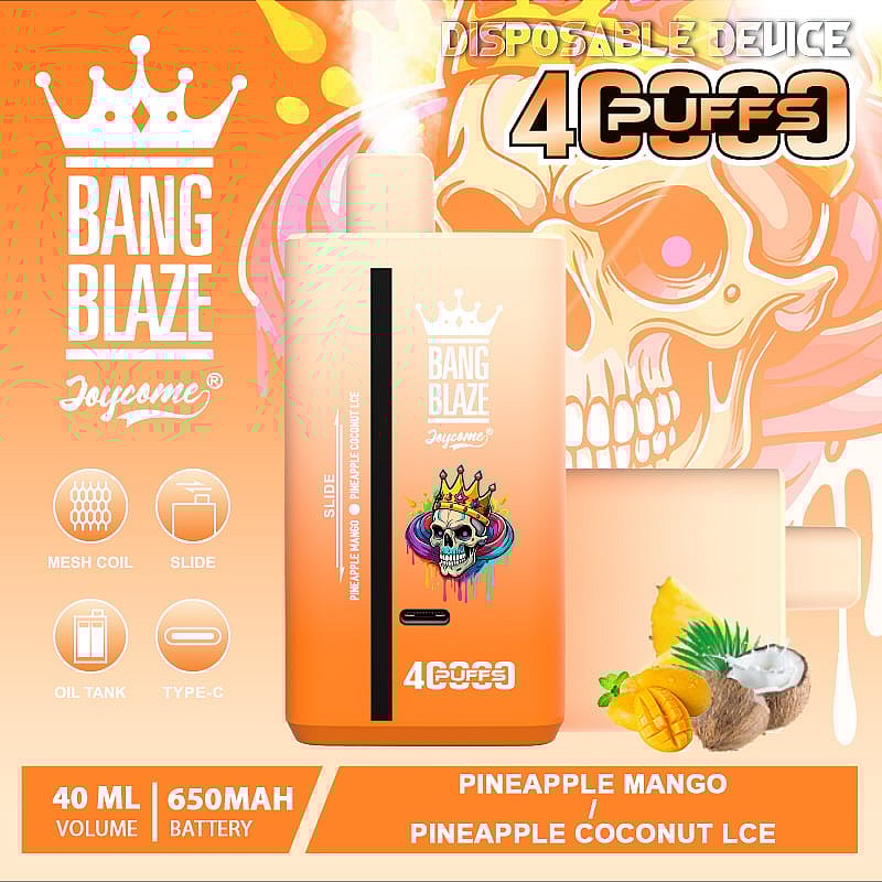 Promotional image for the Bang Blaze Joycome disposable vaping device featuring pineapple mango and pineapple coconut ice flavors, showcasing a bold orange design with product specifications and flavor illustrations, overlaid with a vibrant skull graphic wearing a crown.