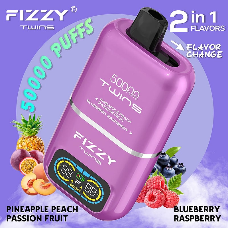 El vaporizador desechable Fizzy Twins 50000 Puffs presenta sabores duales, modos duales, un tanque de 50 ml y carga tipo C: sabroso y diseñado para una satisfacción duradera.