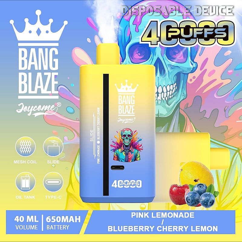 Promotional image of Bang Blaze Joycome disposable vape device featuring 4,000 puffs, mesh coil, and Type-C charging, with pink lemonade and blueberry cherry lemon flavor, surrounded by vibrant artwork and fruit depictions.