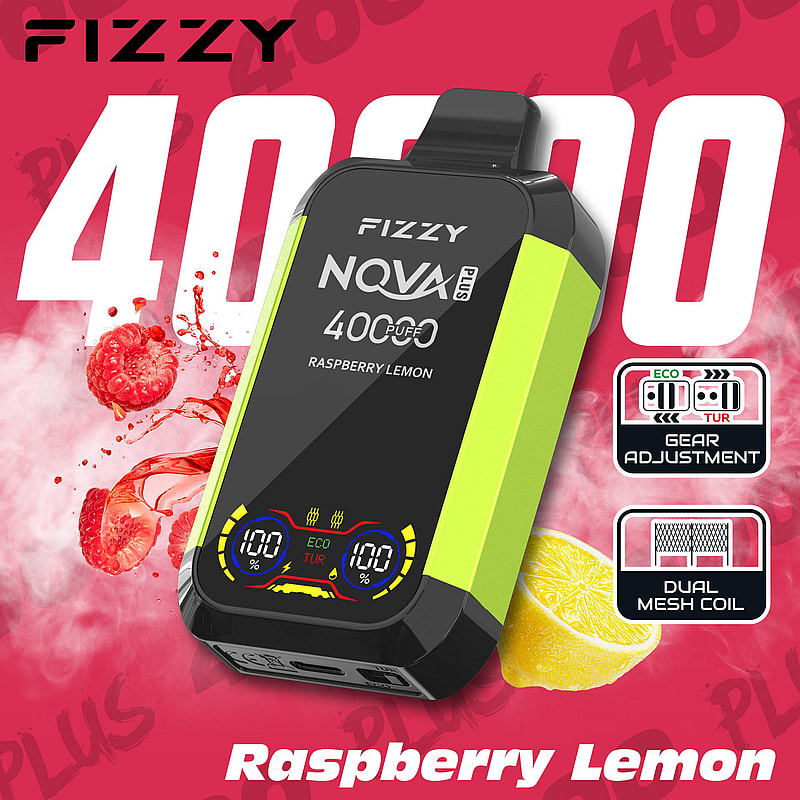 Imagen de un dispositivo Fizzy NQVA Plus con sabor a frambuesa y limón, con ajuste de engranajes y bobina de malla doble, sobre un fondo rojo con texto grande de 40000 y gráficos de frambuesa y limón.