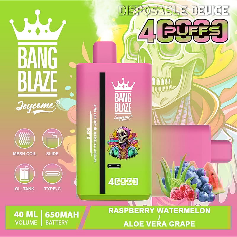 Promotional image of the Bang Blaze Joycome disposable vape device in pink and green, featuring flavor indicators Raspberry Watermelon and Aloe Vera Grape, with vibrant graphics of a decorated skull and fruit illustrations, accompanied by device specifications 40 ml volume and 650 mAh battery.
