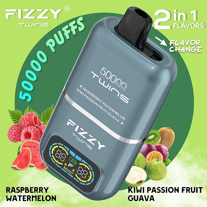 El vaporizador desechable Fizzy Twins 50000 Puffs presenta sabores duales, modos duales, un tanque de 50 ml y carga tipo C: sabroso y diseñado para una satisfacción duradera.