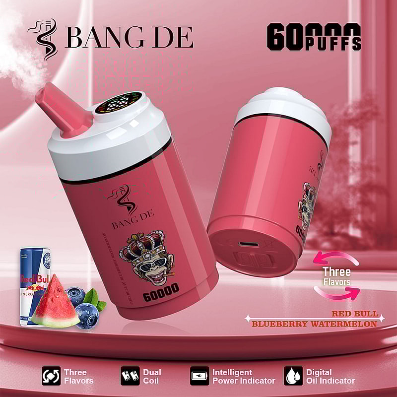 Promotional image for the Bang De vaping device showcasing its 60,000 puff lifespan, three flavors including Red Bull, blueberry, and watermelon, along with features like dual coils, intelligent power indicator, and digital oil indicator. The device is shown in a pink design with a crown emblem and is accompanied by flavor visuals and descriptive icons.