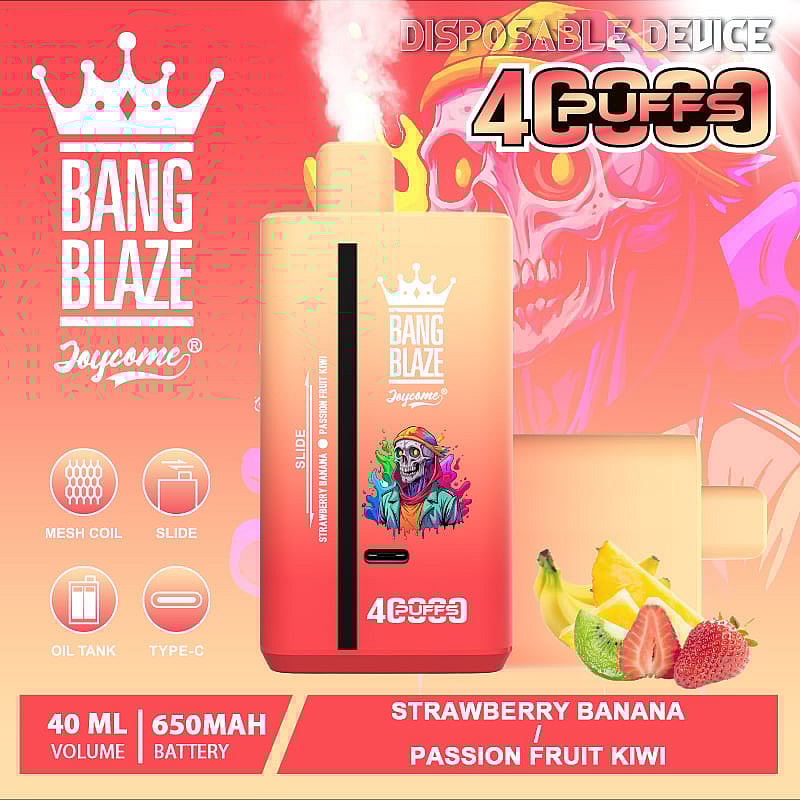 Promotional image of the Bang Blaze Joycome disposable vape device featuring strawberry banana and passion fruit kiwi flavors.