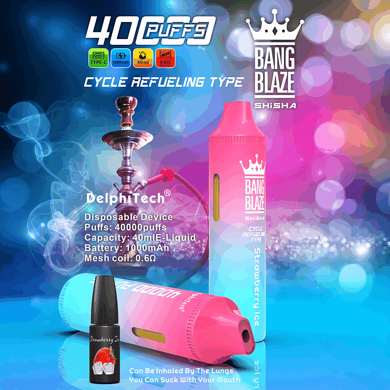 Reklam för Bang Blaze Shisha, med fokus på en rosa och blå engångsvape med kapacitet för 40 000 bloss, 40 ml e-vätska och 1000 mAh batteri, mot en färgstark bakgrund med en vattenpipabild och produktinformation.
