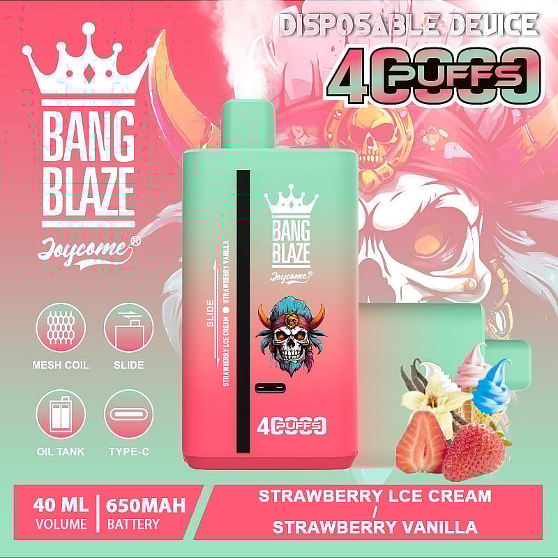 Promotional image of Bang Blaze Joycome disposable vape device, highlighting 4000 puffs, strawberry ice cream flavor, 40 ml volume, and 650mAh battery, with colorful visuals and product icons.