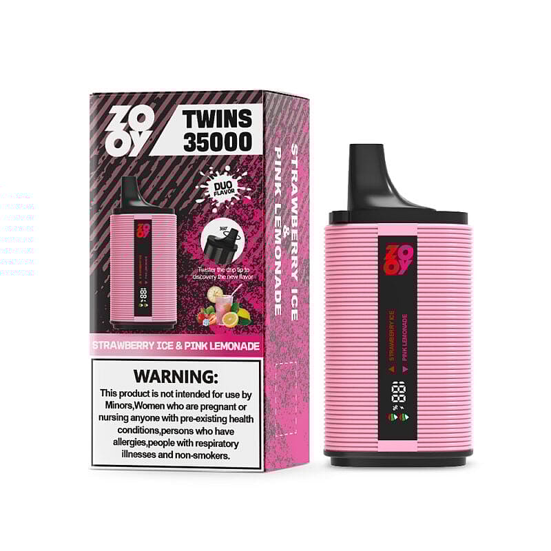 Un dispositivo de vapeo Zooy Twins 35000 de color rosa y su empaque, con sabores Strawberry Ice y Pink Lemonade, con una advertencia de salud en la caja.