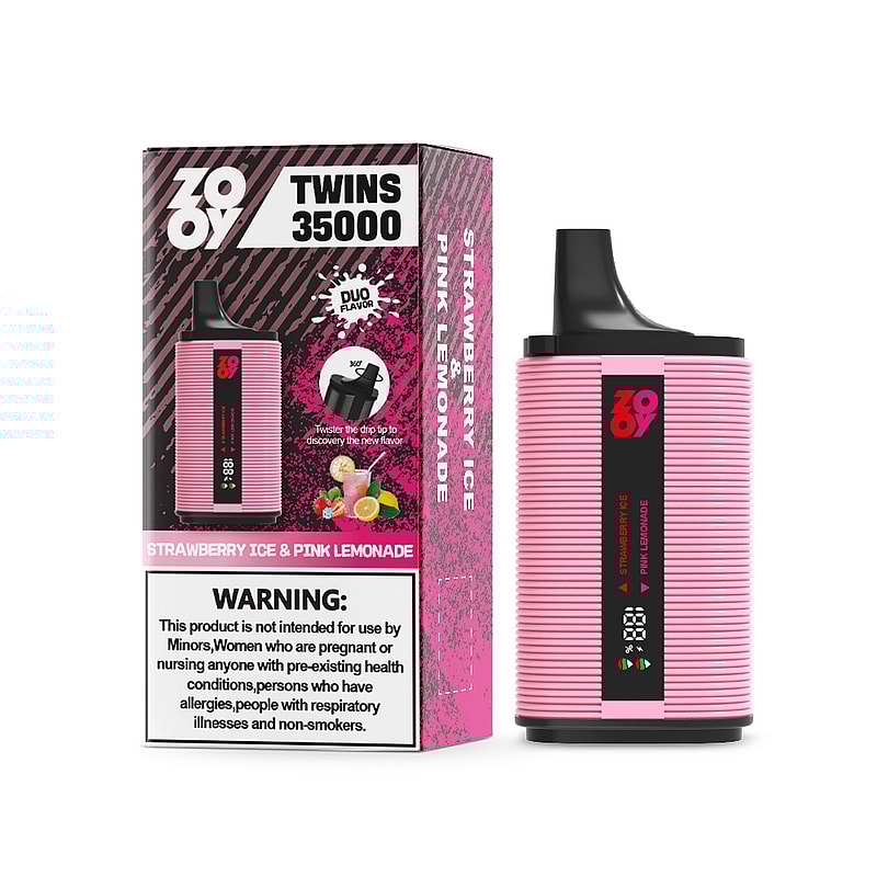 Un dispositivo de vapeo Zooy Twins 35000 de color rosa y su empaque, con sabores Strawberry Ice y Pink Lemonade, con una advertencia de salud en la caja.