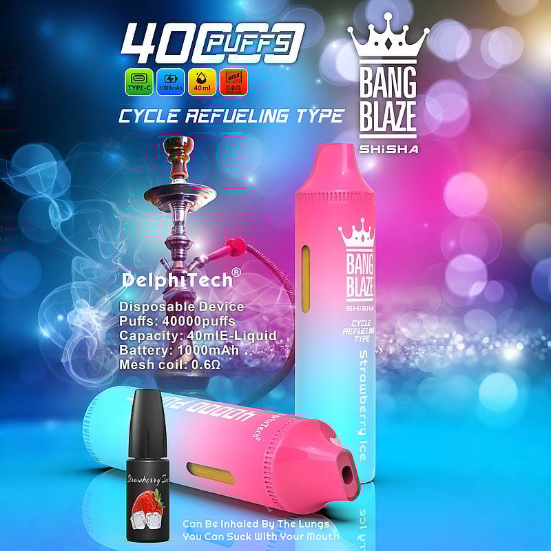 Publicité pour Bang Blaze Shisha, mettant en avant une vape jetable rose et bleue avec une capacité de 40 000 bouffées, un e-liquide de 40 ml et une batterie de 1 000 mAh, sur un fond vibrant avec une image de narguilé et des détails sur le produit.
