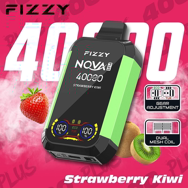 Imagen promocional de un dispositivo de vapeo electrónico Fizzy NQVA Plus con sabor a fresa y kiwi, que muestra características como capacidad de 40000 bocanadas, ajuste de engranajes y bobina de malla doble, con un fondo que resalta el texto grande '400' e imágenes de fresa y kiwi.