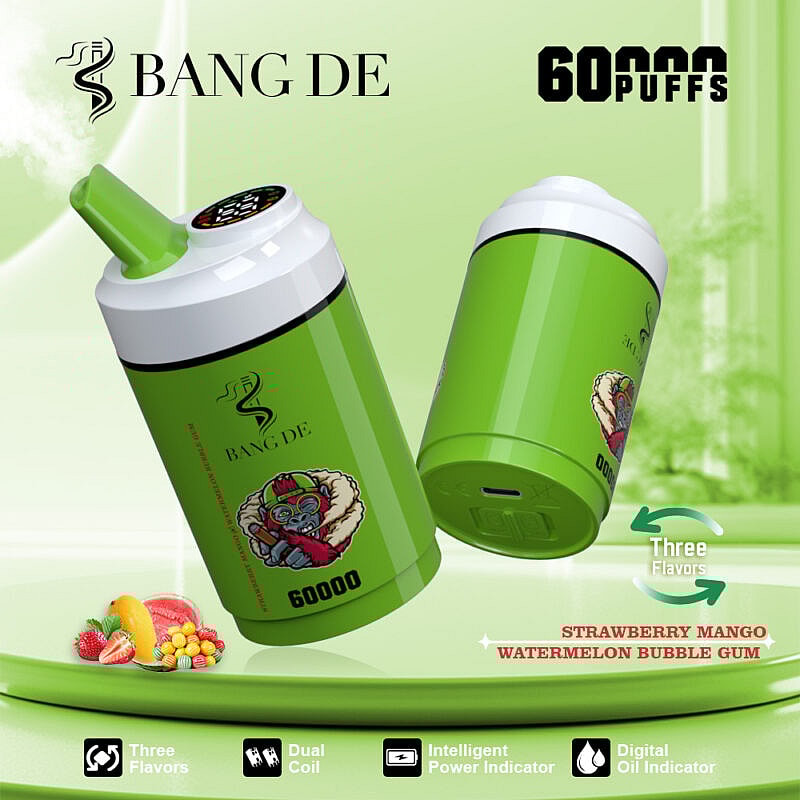 Un'immagine promozionale che mostra un dispositivo di svapo Bang De verde con un elegante design cilindrico, che ne evidenzia la capacità di 60.000 tiri e tre gusti: fragola e mango, anguria e gomma da masticare.