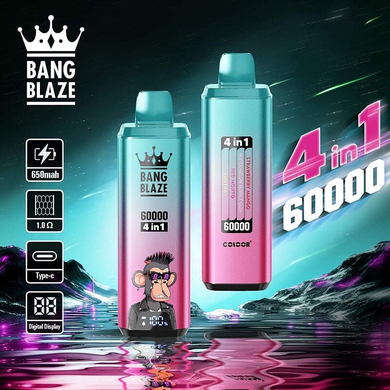 Una imagen promocional de los dispositivos de vapeo Bang Blaze con dos coloridos modelos 4 en 1 con 60.000 bocanadas, pantalla digital, carga tipo C, capacidad de 650 mAh y un gráfico de mono, sobre un fondo vibrante y futurista.