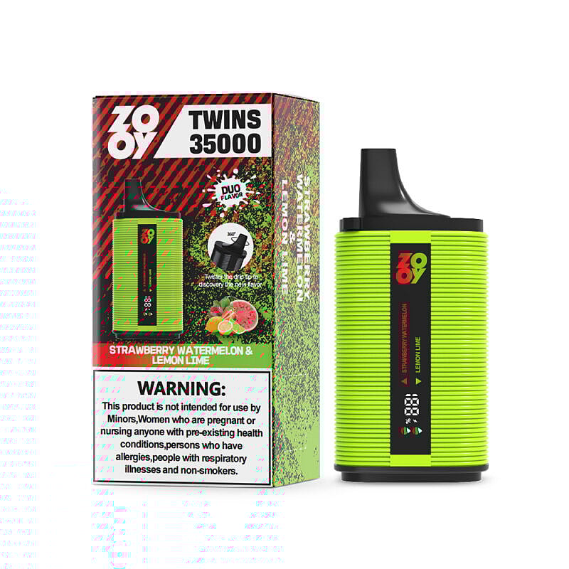 Imagen promocional de un dispositivo de vapeo Zovoo Twins 35000, con un diseño verde lima y un empaque que resalta los sabores duales de fresa y sandía y limón y lima, acompañado de una advertencia sobre las restricciones de uso.