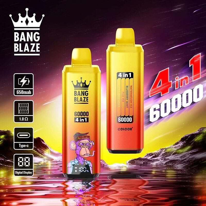 Dos coloridos dispositivos electrónicos de vapeo Bang Blaze con la marca '60000 4 en 1' y una ilustración de un mono con sombrero, sobre un fondo de paisaje cósmico vibrante con características técnicas como una batería de 650 mAh, carga tipo C y pantalla digital resaltadas.