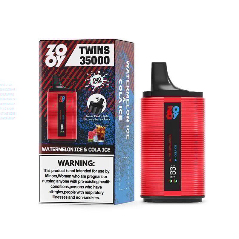Dispositivo de vapeo desechable de color rojo junto con su empaque a juego que promociona los sabores 'Watermelon Ice' y 'Cola Ice', con una etiqueta de advertencia que enfatiza su uso restringido.