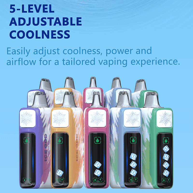 Una colección de vaporizadores coloridos con configuraciones de enfriamiento ajustables de 5 niveles, con un mensaje que enfatiza su experiencia de vapeo personalizable sobre un fondo azul claro.