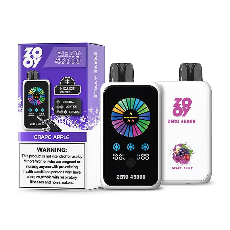 ZOOV Zero 45000 Einweg-Vape-Gerät mit Traubenapfelgeschmack und farbenfroher Temperatur- und Nikotinkontrollanzeige auf der Vorderseite.