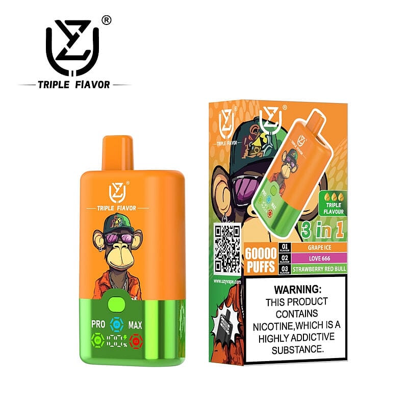 Imagen del dispositivo de vapeo Triple Flavor y su empaque, que muestra un dispositivo naranja y verde con un mono de dibujos animados con gafas de sol y una caja que resalta los sabores "3 en 1" y una advertencia sobre la nicotina.