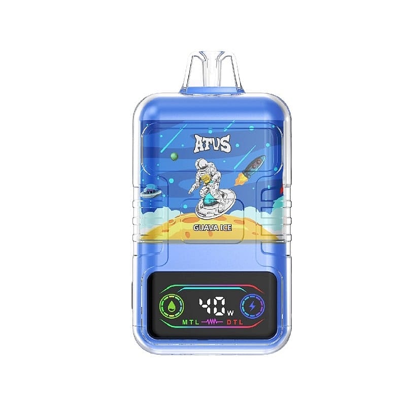 Un dispositivo de vapeo azul que presenta un diseño de un astronauta surfeando en un hoverboard en una escena de temática cósmica marcada 'ATUS' y 'Guava Ice', con una pantalla que muestra configuraciones de 40 W MTL o DTL.