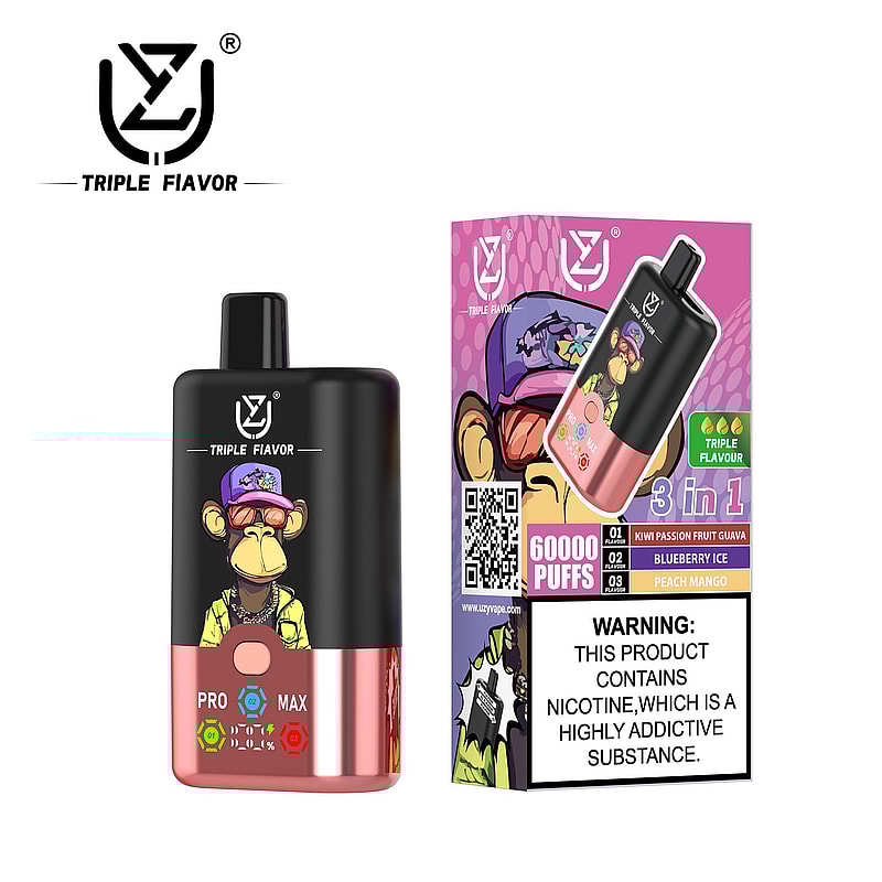 Image montrant un vaporisateur de marque Triple Flavor représentant un singe de dessin animé portant des lunettes et un chapeau, à côté de son emballage qui met en valeur 60 000 bouffées et trois saveurs : kiwi, fruit de la passion, goyave, glace à la myrtille et pêche-mangue, et comprend un avertissement sur la dépendance à la nicotine.