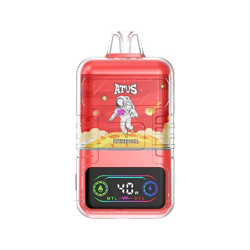 Un dispositivo de vapeo compacto de color rojo que presenta una colorida ilustración de un astronauta y está etiquetado como 'Lychee Ice' con una pantalla digital que muestra 40 vatios y configuraciones para los modos MTL y DTL.