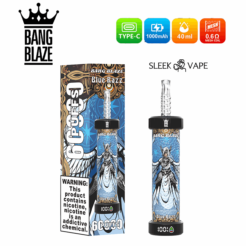 Imagen promocional que muestra el vaporizador Bang Blaze Blue Razz con un empaque detallado y diseño de producto, que incluye características como carga tipo C, batería de 1000 mAh, capacidad de 40 ml y especificación de bobina de malla de 0,6 Ω.
