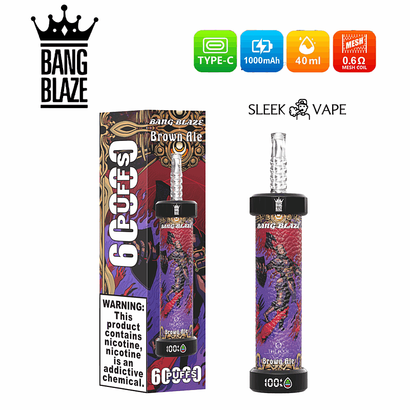 Exhibición promocional del producto de vapeo Bang Blaze Brown Ale con empaque que muestra las características de diseño y especificaciones como carga tipo C, batería de 1000 mAh, capacidad de 40 ml de e-líquido y una bobina de malla de 0,6 Ω, acompañado de un texto de advertencia de salud.