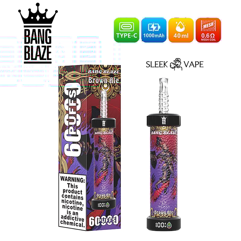 Reklampresentation av Bang Blaze Brown Ale vape-produkten med förpackning som visar designfunktioner och specifikationer som Type-C-laddning, 1000mAh batteri, 40 ml e-vätskekapacitet och en 0,6Ω mesh-spole, tillsammans med hälsovarningstext.