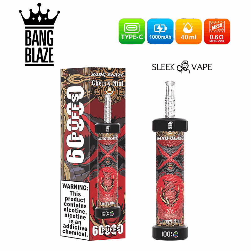Un producto de vapeo Bang Blaze Cherry Mint, que presenta un empaque rojo vivo con un logotipo de corona y capacidad y especificaciones resaltadas, que incluyen un cargador tipo C, una batería de 1000 mAh, una capacidad de 40 ml de e-líquido y una bobina de malla de 0,6 ohmios; incluye advertencias sobre el producto.