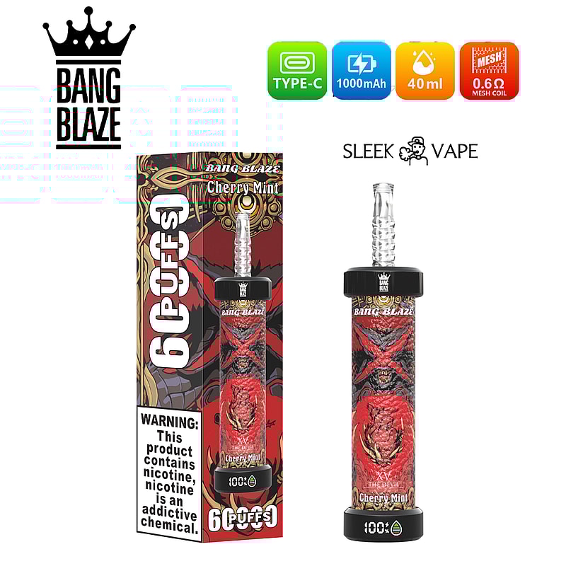 En Bang Blaze Cherry Mint vape-produkt med livfull röd förpackning med en kronlogotyp och markerade kapacitet och specifikationer, inklusive en Type-C-laddare, 1000mAh batteri, 40 ml e-vätska och en 0,6 ohm mesh-spole; inkluderar produktvarningar.