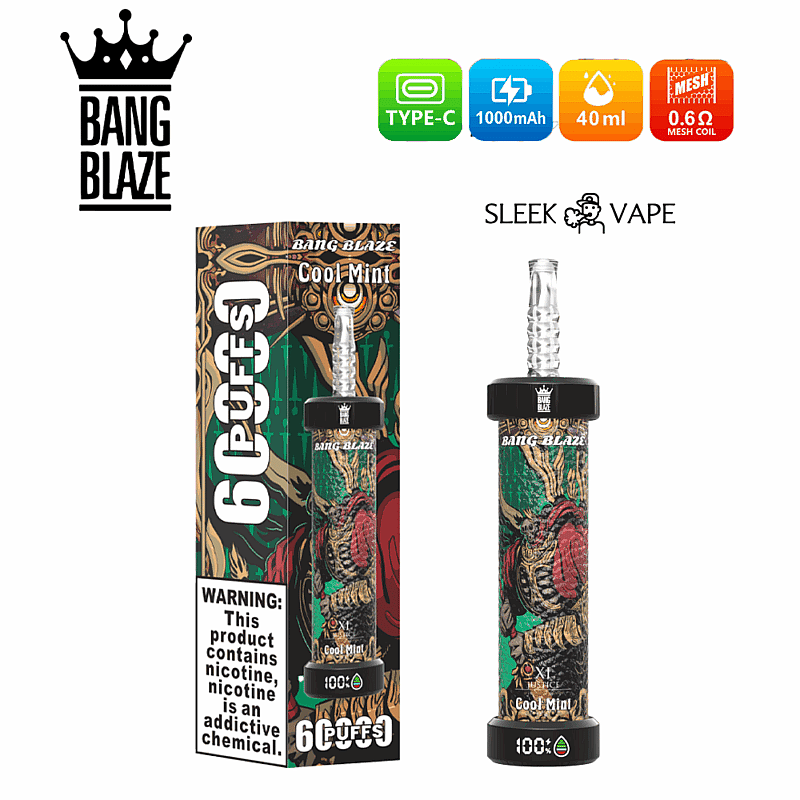 Imagen promocional del vaporizador Bang Blaze Cool Mint, con empaque artístico y especificaciones del producto que incluyen carga tipo C, batería de 1000 mAh, capacidad de líquido de 40 ml y bobina de malla de 0,6 Ω.