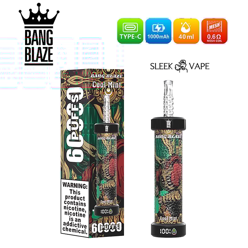 Reklambild av Bang Blaze Cool Mint vape-penna, med konstnärlig förpackning och produktspecifikationer inklusive Type-C-laddning, 1000 mAh batteri, 40 ml vätskekapacitet och 0,6 Ω mesh-spole.