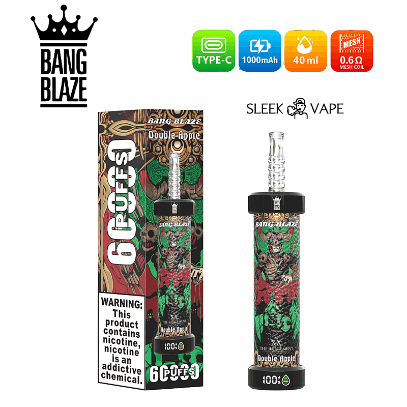Imagen promocional del dispositivo de vapeo Bang Blaze Double Apple con empaque que presenta ilustraciones vibrantes y detalles del producto que incluyen batería de 1000 mAh, capacidad de 40 ml y especificaciones de bobina de malla.