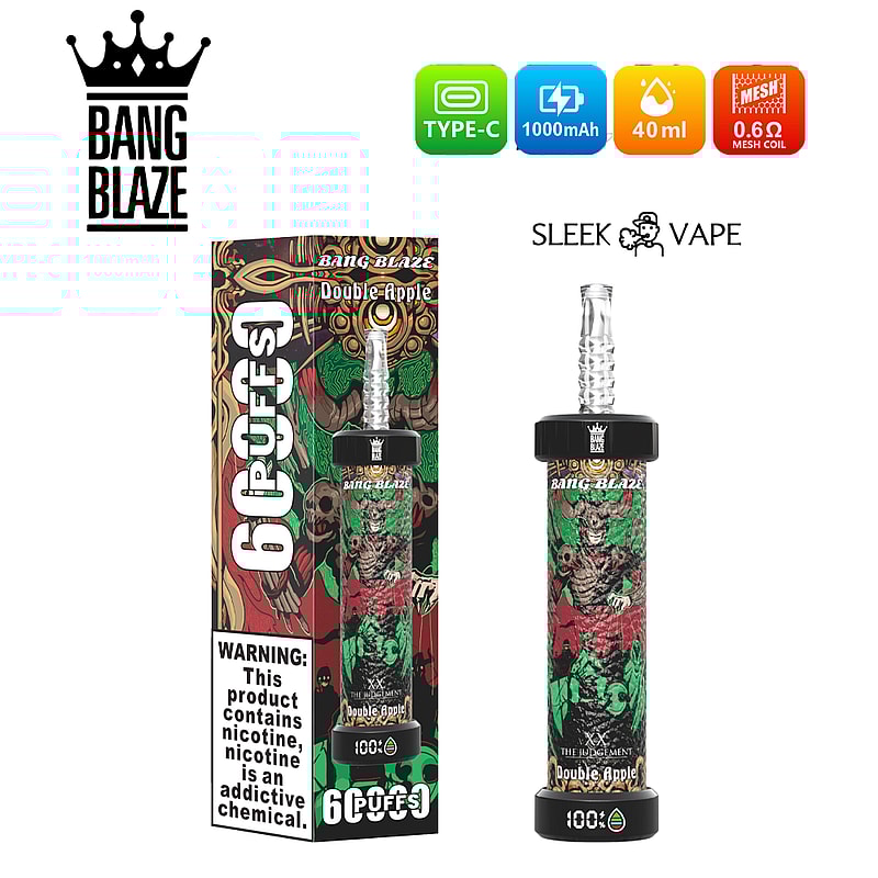 Reklambild av Bang Blaze Double Apple vape-enhet med förpackning med livfull grafik och produktinformation, inklusive 1000 mAh batteri, 40 ml kapacitet och specifikationer för mesh-coil.