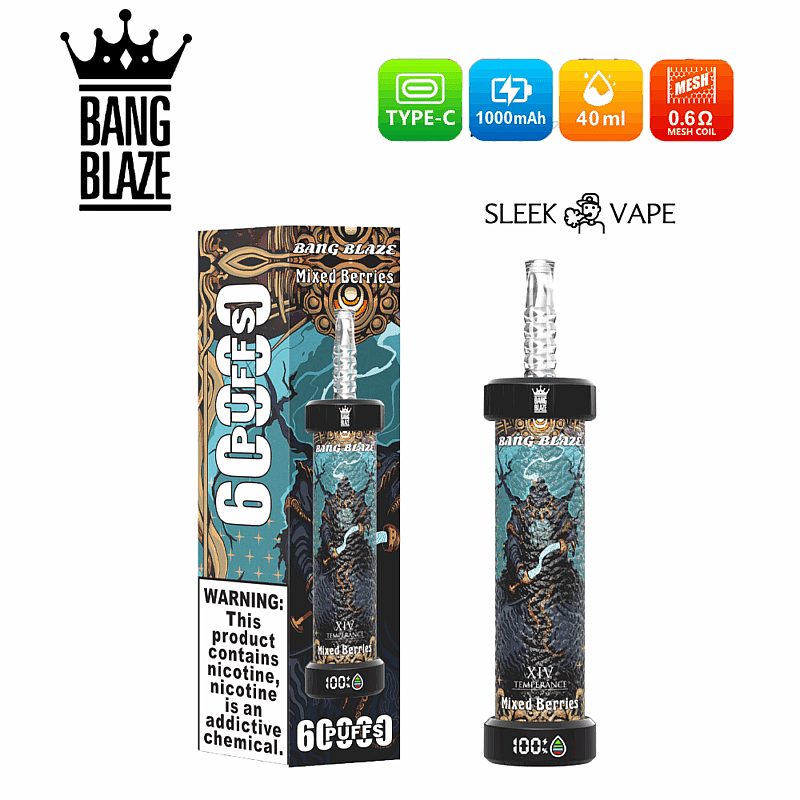 Imagen del producto que muestra el vaporizador Bang Blaze Mixed Berries con empaque, que muestra características como 6000 bocanadas, capacidad de líquido de 40 ml, carga tipo C, batería de 1000 mAh y tecnología de bobina de malla.