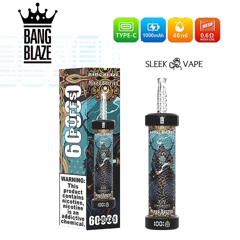 Produktbild som visar Bang Blaze Mixed Berries vape med förpackning, med funktioner som 6 000 puffar, 40 ml vätskekapacitet, Type-C-laddning, 1000 mAh batteri och mesh-coil-teknik.