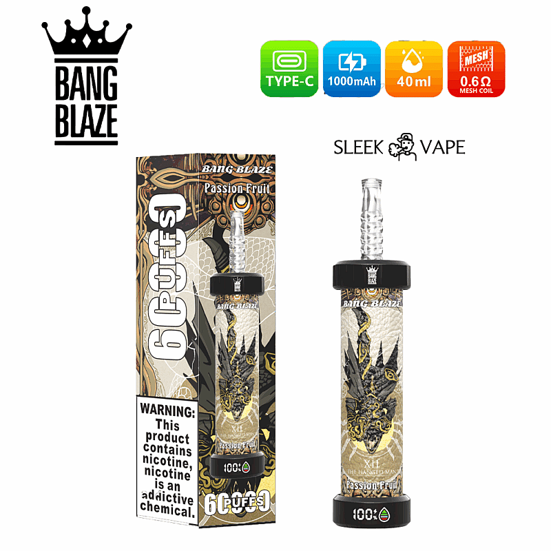 Imagen promocional del vaporizador Bang Blaze Passion Fruit, que muestra un diseño elegante con empaque, detalles del producto que incluyen especificaciones y una etiqueta de advertencia sobre el contenido de nicotina.