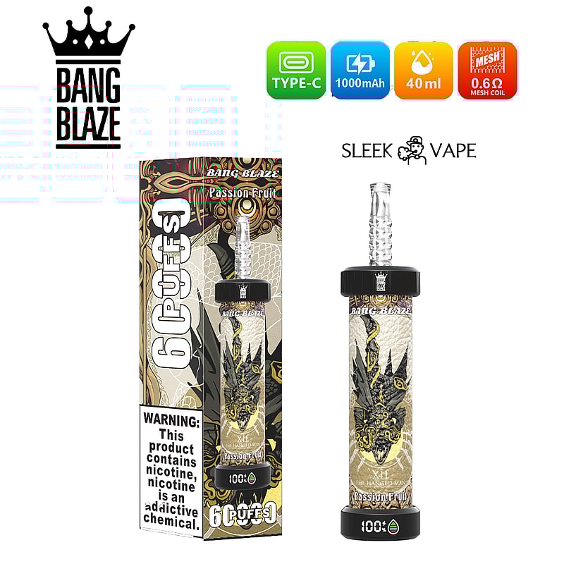 Reklambild av Bang Blaze Passion Fruit vape, som visar upp elegant design med förpackning, produktinformation inklusive specifikationer och en varningsetikett om nikotininnehåll.