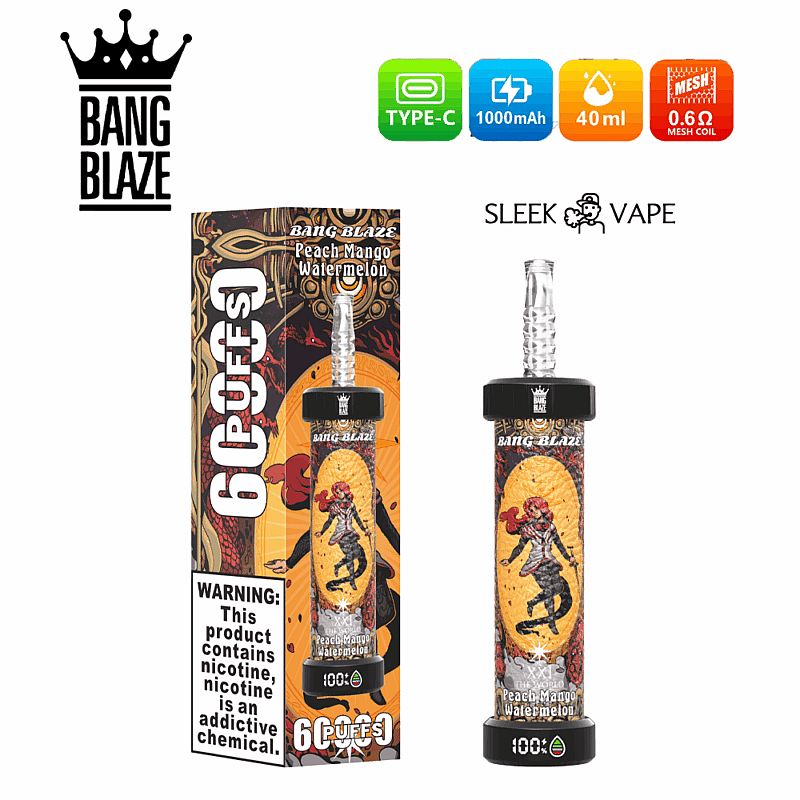 Embalaje y producto del vaporizador Bang Blaze con sabor a melocotón, mango y sandía, con carga tipo C, batería de 1000 mAh, capacidad de 40 ml y atributos de bobina de malla de 0,6 Ω mostrados; incluye etiqueta de advertencia de nicotina.