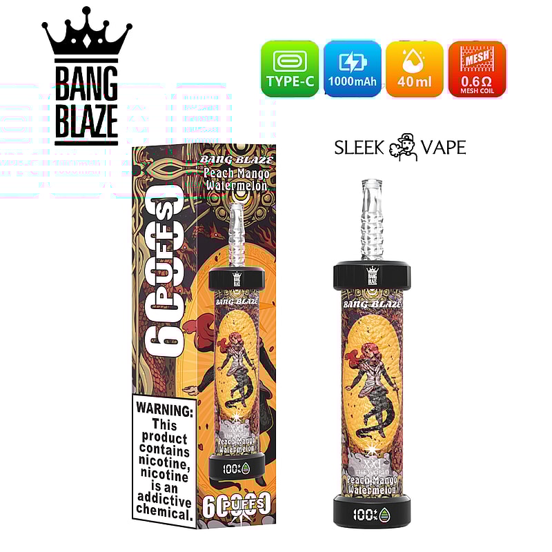 Förpackning och produkt för Bang Blaze vape-penna med smak av Peach Mango Watermelon, med Type-C-laddning, 1000mAh batteri, 40ml kapacitet och 0,6Ω mesh-spole som visas; inkluderar varningsetikett för nikotin.