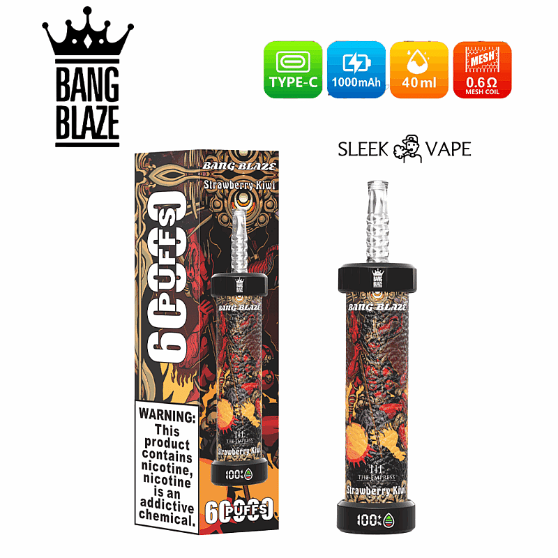 Imagen del empaque y del producto del vaporizador Bang Blaze con sabor a fresa y kiwi, con detalles como 6000 bocanadas, carga tipo C, batería de 1000 mAh, capacidad de 40 ml y bobina de malla de 0,6 Ω; se muestra una advertencia de precaución sobre la nicotina.