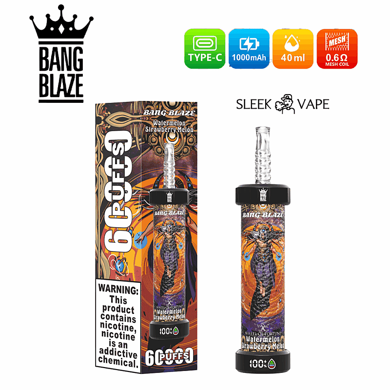 Dispositivo de vapeo Bang Blaze y empaque con sabor a sandía, fresa y melón, carga tipo C, batería de 1000 mAh, capacidad de 40 ml y una bobina de malla de 0,6 Ω, con advertencias etiquetadas sobre la nicotina.