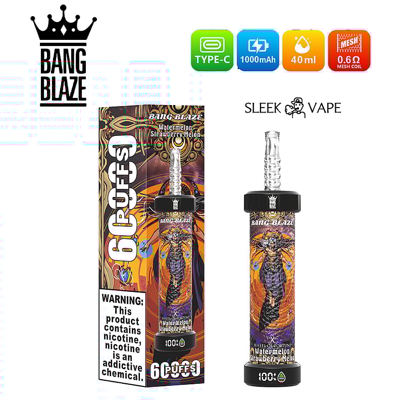 Bang Blaze vaping-enhet och förpackning med smak av vattenmelon och jordgubbsmelon, typ-C-laddning, 1000 mAh batteri, 40 ml kapacitet och en 0,6 Ω mesh-coil, med märkta varningar om nikotin.