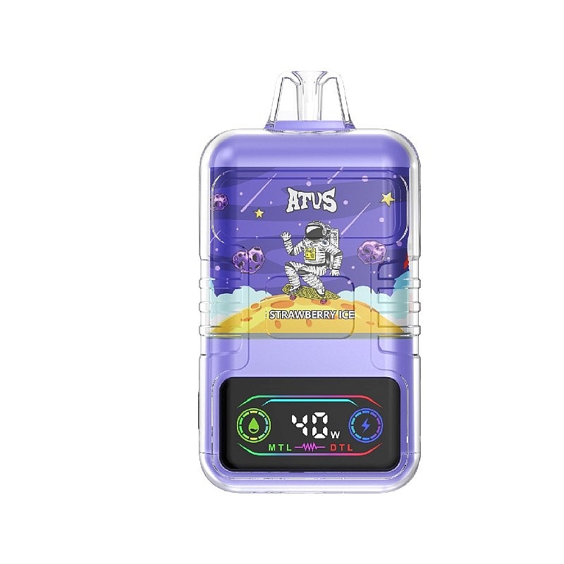Dispositivo de vapeo electrónico de color morado con una pantalla de control que muestra '40W', un diseño de astronauta caprichoso y la marca del sabor 'Strawberry Ice'.