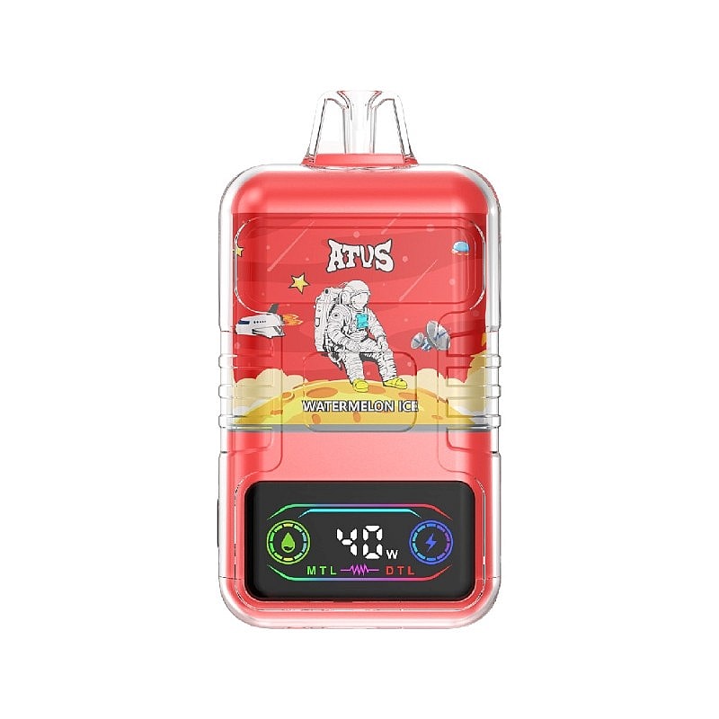 Un dispositivo de vapeo colorido con una carcasa roja, un diseño con temática de astronauta con el texto de sabor "Watermelon Ice" y una pantalla digital que muestra 40 vatios.